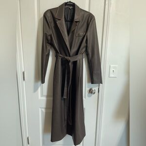 Women’s Brown Faux Leather Long Trench Coat Belted Vegan Leather Maxi Jacket